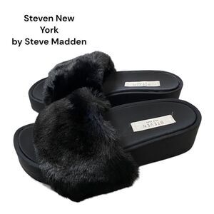 STEVEN NEW YORK by STEVE MADDEN Raine Black Slide Fur Platform Sandals NEW 6.5